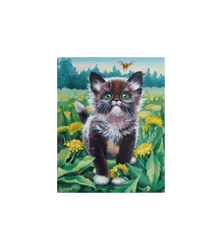 Cute Kitten and Dandelions Original Oil Art On Cardboard