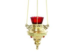 Traditional Orthodox hanging oil vigil lamp. Brass, casting, gold-gilding. Size: 6.1''x6.1''x7.5'' (15.5x15.5x19cm)