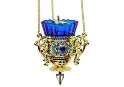 Traditional Orthodox hanging oil vigil lamp. Brass, enamel. Size: 4.7''x4.7''x5.3'' (12x12x13.5 cm). Chain : 21.3"