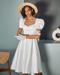 Cocktail white dress. Simple satin wedding gown. Alice in Wonderland wedding dress