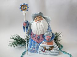 Hand carved Santa, Light Blue Santa, Collectable Russian Santa, ice blue, wooden figure