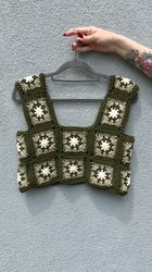 Crocheted cotton crop top in granny square technique
