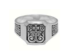 Silver ring "Golgotha cross" with Prayer. Men's Orthodox ring size US: 11