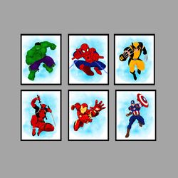 Marvel Superheroes Set Art Print Digital Files decor nursery room watercolor