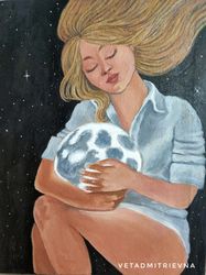 Oil painting on canvas of a Girl with the Moon