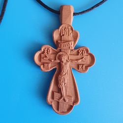 Orthodox wooden cross crucifix handmade made of pear tree 2x1.1" free shipping