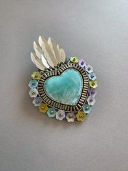 Blue Sacred Heart brooch Velvet heart brooch Sacred heart jewelry Embroidered heart brooch Beaded heart Ex Voto brooch
