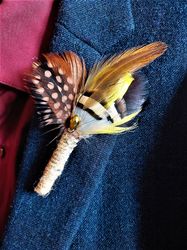 rustic wedding feather boutonniere , men's feather lapel pin, grooms buttonhole, fiance feather boutonniere