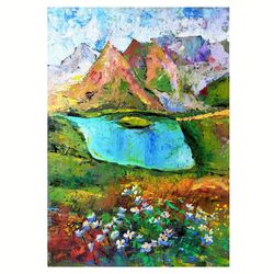 Mountains Oil Painting Original Art Colorado Landscape Flowers Painting Lake Artwork Meadow Painting Small Impasto Pai