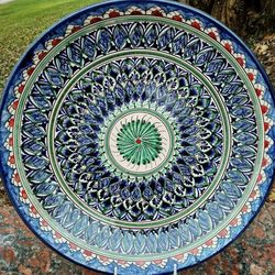 Pottery large plate diameter 16.33 inches  Handmade bowl with color pattern