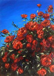 Red Rose Painting Floral Orignal Art Blooming Garden Rose Oil Painting Red Flowers Oil On Canvas Colorful Artwork