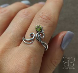 Peridot ring, Sterling silver ring, Adjustable ring, Elven ring, Handmade jewelry