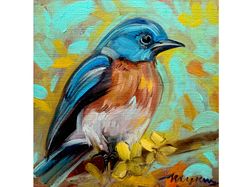 Bird painting original Eastern Bluebird Painting Blue Bird Original art Animal Small Artwork 4 by 4 KatrinaOrlovaArt