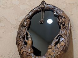 Magic mirror Scrying Mirror, Wall Mirror Carved On Wood, Witch Altar Tile, Black mirror