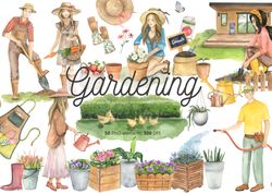 Summer Gardening Watercolor clipart, Garden Tools Watercolor Set,PNG 300 DPI Clipart