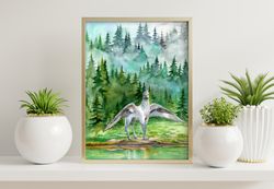 Hippogriff watercolor poster,  Harry Potter wall art, Download digital print, Misty forest wall decor