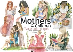 Mothers day watercolor clipart, Moms and childs set, Family clipart, Digital, PNG, 300 DPI