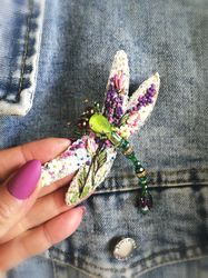 Brooch dragonfly embroidery, dragonfly with flowers and beads