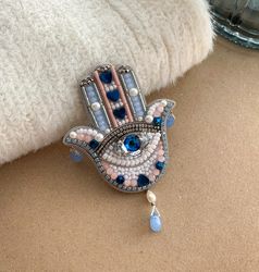 Hamsa Beaded Brooch Pin, Hamsa Embroidered Brooch, Hand Of Fatima Brooch Amulet, Evil Eye Brooch Protection Jewelry