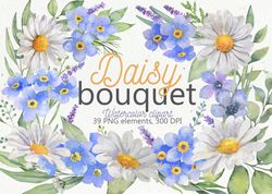 Daisy Watercolor Clipart, Forget-me-nots watercolor clipart, Watercolor Bouquet of Daisies and forget-me-nots, PNG