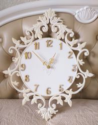 Small white wall clock with gold ornament in vintage style Silent wall clock for bedroom Shabby chic decor Wedding gift