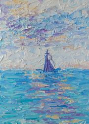 Sailboat Oil Painting  Wall Art Sky Seascape Original Art Boats Waves Morning impasto Small Picture 4.5x5 inches