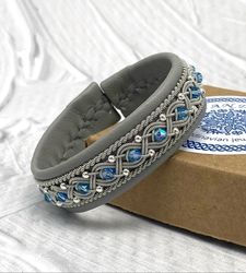Women's Leather Bracelet with Crystal Beads. Stylish bracelet for girls