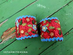 Bracelets cuffs set red embroidered with a smooth flowered  folk style Boho jewelry