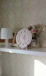 Small pink table clock with white ornaments in shabby chic style Silent desk clock Cute wall clock Wedding gift