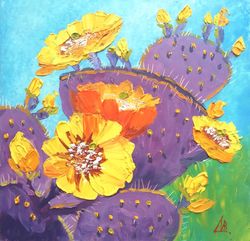 Cactus Painting Impasto Original Artwork Purple Flower Small Oil Painting 8" by 8"  by ArtMadeIra