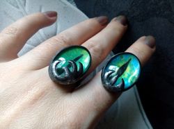 Chunky evil eye, green stained glass ring, Third eye witch ring, Halloween ring, Cat eye ring, Dragon eye ring