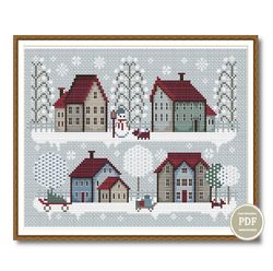 Cross Stitch Pattern Sampler Winter Village Embroidery Digital PDF File Instant Download 206