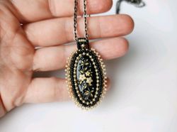 Black Enamel Flower Pendant Necklace embroidered oval beaded pendant minimalistic tiny
