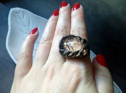 BIG Glass fused ring, twig leaves ring, tiffany ring, Forest ring, transparent ring, tin soldered ring, Halloween ring