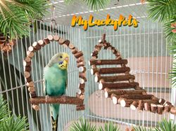 Swing and ladder for the cage of the budgerigar, canary, finches. Bird set made of natural hazel wood.