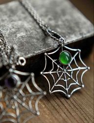 One sterling silver green stone pendant. Halloween necklace. Spiderweb