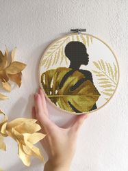 Black woman cross stitch pattern Monstera cross stitch PDF Black girl Afro woman African inspired Color girl