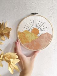 PDF cross stitch pattern Instant download Sunset cross stitch Abstract landscape Mountains hoop art DIY