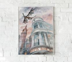Gringotts bank watercolor art, Download printable poster, Harry Potter gift, Kidsroom wall art, Above bed decor