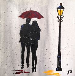 Couple Painting Romantic Original Art Umbrella Artwork Rain Painting by ArtRoom22