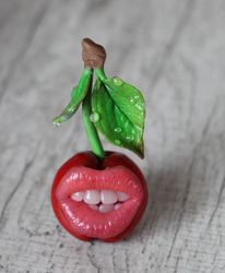 Sexy cherry brooch, Berry jewelry, Toothy cherry, Gift for girl