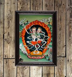 Tibetan deities of Citipati. Oriental tangka with the lords of cemeteries.Asian wall decoration. Eastern home decor 434