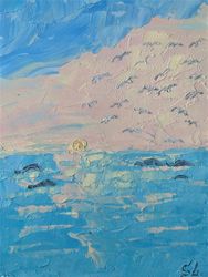Dolphins Oil Painting Seascape Original Art Wall Art Seagulls Sky Horizon Sea, 8x5.5 inches