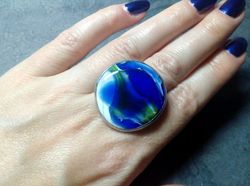 Blue Glass ring, fused cosmic universe ring, Fusing sea ring, Mermaid ring, Ocean wave ring, Tin soldered ring