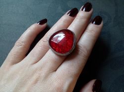 BIG red Glass ring, Scarlet witch ring, Witchy aesthetic, Blood ring, Fused ring, Fusing ring, Tin soldered ring