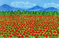 Meadow with red poppies 1 watercolor painting