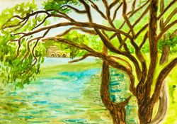 Willow trees near lake summer landscape watercolor painting