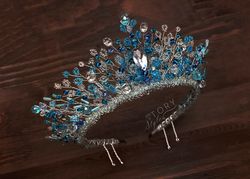 Light blue tiara,Blue princess headpiece,Light blue crown,Blue diadem,Clear blue crown,Bridal blue tiara,Prom Blue crown