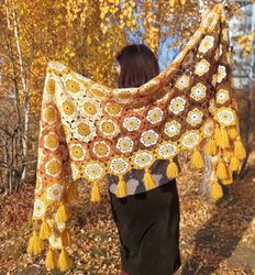 Crochet shawl scarf, Fall hand knitted shawl, openwork shawl scarf, mustard yellow scarf shawl, gift for women, mum