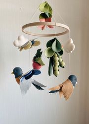 Woodland baby mobile robin, finch, strawberry, mushrooms, butterfly, green peas